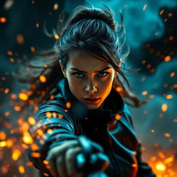 intense contrast, depth and premium action- poster drama, add realistic motion blur in the energy trails while keeping the girl sharp and dominant, atmosphere dark, explosive and high-impact with glowing smoke, sparks, floating particles and fantasy action intensity, ultra-rich color grading with deep blacks, electric blues, warm amber-orange highlights and glossy contrast, captured with a cinematic action lens, HDR lighting, global illumination, photorealistic rendering, masterpiece quality, ul