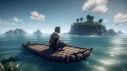 A survivor man on sea shore of an Island on a raft, graphics quality unreal engine and person should be in center of screen. make it look a bit real