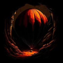 dark stone cave, huge, in the middle a hot air ballon, red, yellow orange stripes, stands on the ground, ready for uplift, fire only light in the cave, drawing, high details