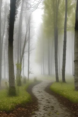 soft fog, with light breaking through, tall white birch trees, and a stone path leading to pavilion