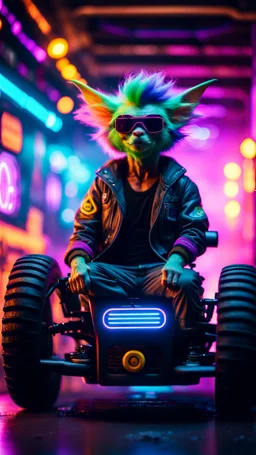 portrait of Hairy Gremlin pimp ninja yoga cyber punk in flying hipster tractor parked in dark tron neon lit reflective smoke arcade hall tunnel,bokeh like f/0.8, tilt-shift lens 8k, high detail, smooth render, down-light, unreal engine, prize winning