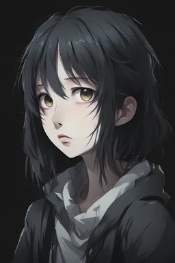 emotionless, numb, depressed anime girl, distant portrait with dark black background
