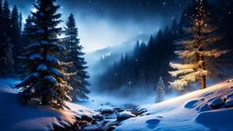 fir forrest scenery, heavy mist,valley,creek,forest,christmas ,tree,,nature,night,snow,fir tree,high-quality photograph,zeiss prime lens, bokeh , high detail, smooth render, unreal engine 5, dust effect, vivid colors,night