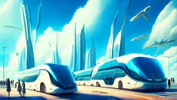 alien bus station, electric buses, with many people waiting, tall buildings in the background, futuristic cars, blue sky, white clouds