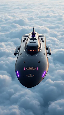 Royal Star Cruiser gliding gracefully above luminous cloud layers. Sleek elongated matte-black obsidian hull with smooth flowing curves, accented with subtle platinum inlays and soft purple-gold ambient glows. Silent anti-gravity thrusters arranged in a symmetrical royal pattern, hidden propulsion vents, polished mirrored edges, floating crown-like dorsal fins, and an illuminated royal insignia carved into the bow. Hyper-detailed ultra-realistic cinematic design, ethereal atmospheric mist, maje