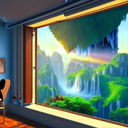 desk, parquet, sheet of paper, little pen, office chair in front of a huge picture window with large view on a waterfall with warm light, sunset ,pixar style, panorama, nature, globe, HD, Hallelujah mountains