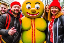 people getting a selfie with the "gingerbread man"