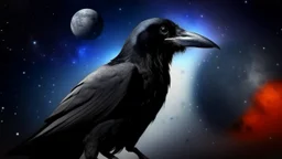 Crow in a space an the background of planets