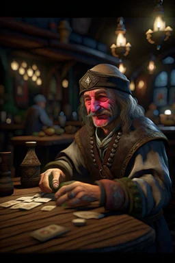 portrait of shady thief bard playingh a card game in an english style tavern, in the style of fantasy movies, photorealistic, shot on Hasselblad h6d-400c, zeiss prime lens, bokeh like f/0.8, tilt-shift lens 8k, high detail, smooth render, unreal engine 5, cinema 4d, HDR, dust effect, vivid colors