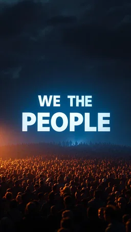 A field of random people in a dark lighting , at the top of the picture a huge 3D text for the words “WE THE PEOPLE “ in the clouds