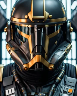 star wars bald male corellian pilot wearing dark gunmetal grey and black First Order special forces TIE pilot armored flightsuit and helmet with gold trim inside the jedi temple, centered head and shoulders portrait, hyperdetailed, dynamic lighting, hyperdetailed background, 8k resolution, volumetric lighting, light skin, fully symmetric details