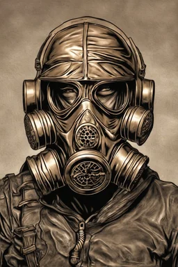warrior portrait, Bronze metal gas-mask, comic style