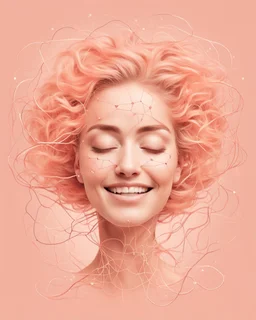 a woman smiling face, close eyes, pastel peach colors, neuron molecule hair thread imitation, logo illustration