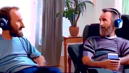 man sitting in his lazy boy chair at home argues with his AI clone on the phone