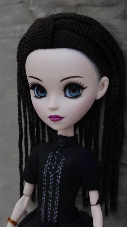 outfit ideas for Barbie doll whis two Braided braids in full grow. Haloween print black Dress Addams Wednesday