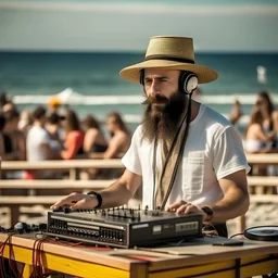 A short brown beard DJ with a hat on his head, sing at microphone, many electronic consoles around, seaside beach, FRONT VIEW