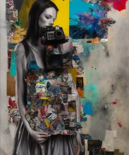 happy beautiful girl holding big proffesional camera in studio. street art, oil on canvas, spray paint, collage, letters, newspapeers, Dave McKean, Vladimir Fedotko, Saturno Butto, Vaughn Bodé, Frank Wu, James C. Christensen, collage, dirty, paint dripping, radiant