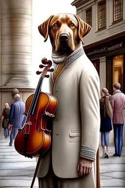 One single mature labrador, historic clothes, playing violin in the street , Vienna, friendly, model style, hyper realistic, extremely accurate, delicate, extremely detailed, Graphic novel style, wide-angle, open aperture, superfine pencil