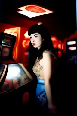 Betty Page art from japanese style 1980 movie. Heavy metal arcade. perfect lighting, leica summicron 35mm f2.0, kodak portra 400, film grain. hangover post party.