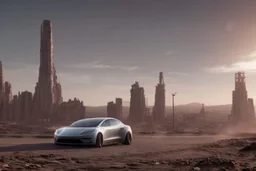 A Tesla 'Model Y' is parked, in the 'Cloud City' of Bespin. CINEMATIC. WIDE ANGLE LENS. PHOTO REAL.