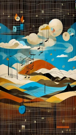 A white cloudy sky with icy music notes designed in Navajo baskets painted by Wassily Kandinsky