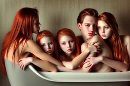 digital art of beautiful young auburn hair teenage girls with dad in the bedroom in a bathtub with grandpa hugging bare lips