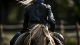 Detail of a blonde rider, from behind, riding without a saddle or bridle on a dark horse at full gallop.