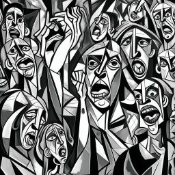 picasso cubism crowd of people black and white screaming with wapens