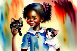 A cute smiling Afro-American girl is holding a kitten. Watercolour