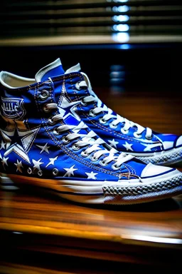 A converse sneaker, covered in Dallas cowboys theme