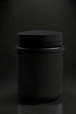 black container, plastic, realism, with screw lid, no labels, round container, view from the front, protein powder, dark studio setting, black background, large container, lid not fully screwed on