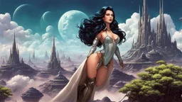 exotic sci-fi pin-up girl, with long dark hair, on an alien planet with cloud trees, tall spires and buildings