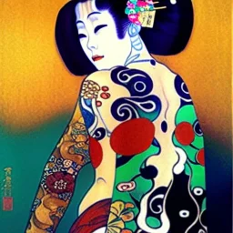 dibujo al oleo de cuerpo entero de una Geisha bella con tatuajes estilo Gustav Klimt