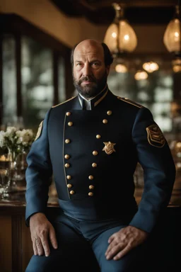 half figure shot photography of a 42 years old serious sicilian waiter in uniform, similar to Bud Spencer, shaved hair, muscular bearded strong chubby man with hands in the pockets, in an elegant empty restaurant, bulge, bullneck, manly chest, unshaved, short hair, photorealistic, dim light , side light, view from the ground