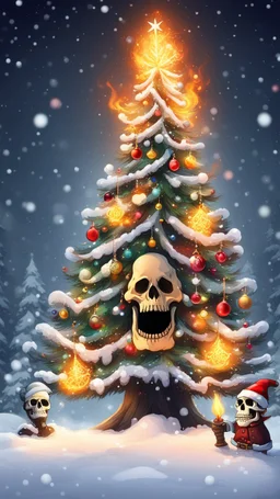 Christmas tree snow , Merry-x-mas decoration, tree, cartoon, Undertaker, fire and smog, Skull