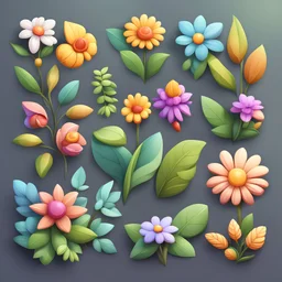 different varieties of flowers and leaves. 3D vector cartoon asset, mobile game cartoon stylized, clean and detailed.