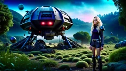 Wide-angle, full body of a woman, with straight blond hair, dressed like a robot, with equipment in her hands, next to a crashed spaceship, on an alien jungle world in the multiverse