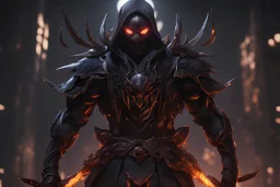 grendel in 8k solo leveling shadow artstyle, spider model, samurai them, neon effect, magic circle, full body, apocalypse, cover eyes, intricate details, highly detailed, high details, detailed portrait, masterpiece,ultra detailed, ultra quality