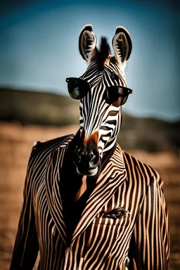 Portrait of an {Zebra} wearing a {brown} suit and sunglasses, {black} color background, realistic photography, shot on Sony dslr camera, Fujifilm --s 250