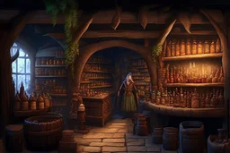 inside of a medieval shop, wooden walls, log pillars, stone bar with shop keeper behind it, magical ingredients on display and weapons on display. people, elves, goblins, orcs, dwarves and lizard folk in room