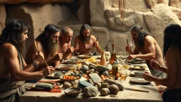 A stone-age feast, Paleolithic banquet, stone utensils, Neanderthal men and women, award-winning photograph, exquisite detail and realism