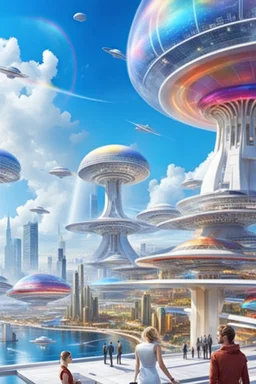 ville futuriste ultra moderne, ufos, rainbows,intergalactic city