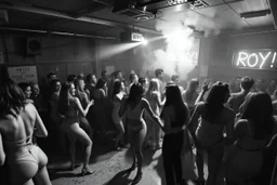 dans golv på en nedsliten sunkig techno club, många personer som dansar, yppiga lättklädda kvinnor, scen rök och ljus strobes, svartvit bild, en del personer ser in i kameran och skriker: "Benny!" och en Neon Skylt med texten "DJ ROY" på väggen