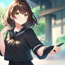 Clear focus, High resolution, short dark brown fluffy hair, green eyes, wearing a black sailor uniform