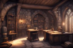 fantasy medieval study room with a front desk