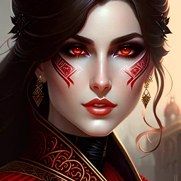 A headshot of a (((young woman with waist-length brown hair and pale skin))), featuring a (((fantasy setting))) with a dark color palette, including ((black)) and (((red))), with details like intricate patterns and ornate designs. She's dressed in sleek, (((leather))) garb, with (((red eyes))), a (((smirk))) that exudes both confidence and arrogance, evil, powerful