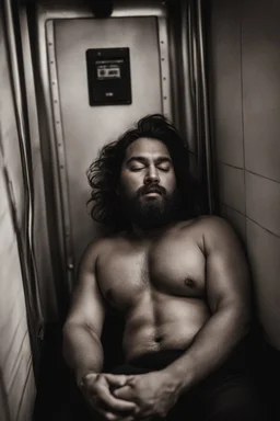 full figure photography of a gipsy man 33 year old man ugly chubby muscular bearded sleeping, open mouth, shirtless, manly chest, short beard, long hair, closed eyes, big belly, sitting in a dark elevator, dim top light, completely wet, photorealistic, ambient occlusion , view from the ground