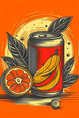 Red can with chillis and oranges on the can in a hand drawn art style