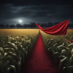 Hyper Realistic Corn Field With Red Cloth Flying at night