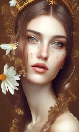 Portrait of beautiful women, correct facial symmetry, golden crown, dark brown hair, dark background, white flowers, loish style, painting, 8k, colorful, brush strokes,